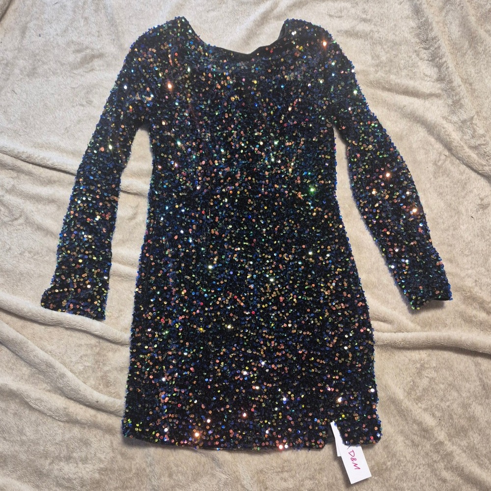 D&M Iridescent Sequin Open Back Mini Dress Long Sleeve Party Cocktail Black L